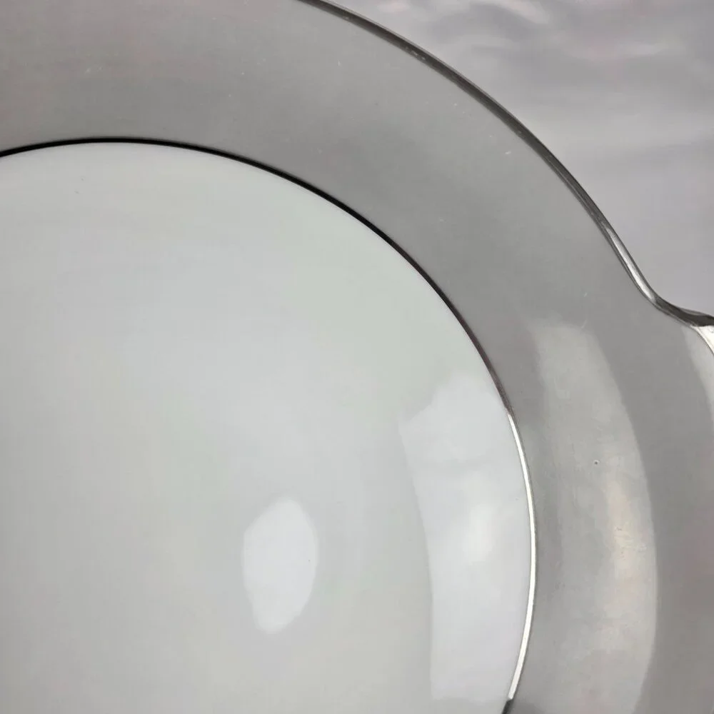 Sango Plantina Round Serving Bowl 9 Inch White with Gray Band & Platinum Trim